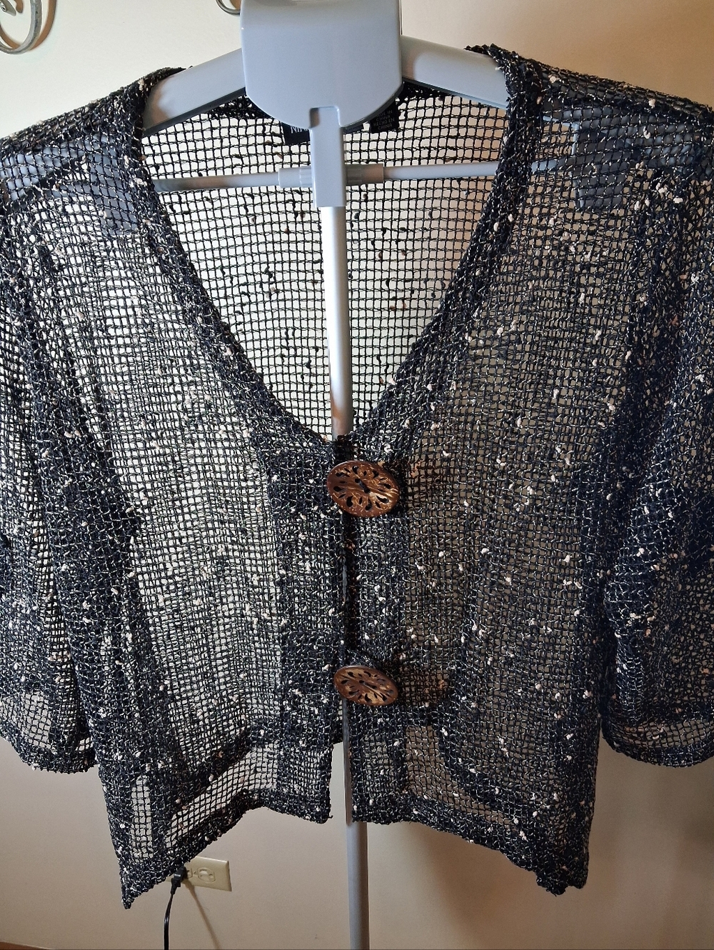 Open Knit Cardigan with Wooden Carved Decorative Buttons